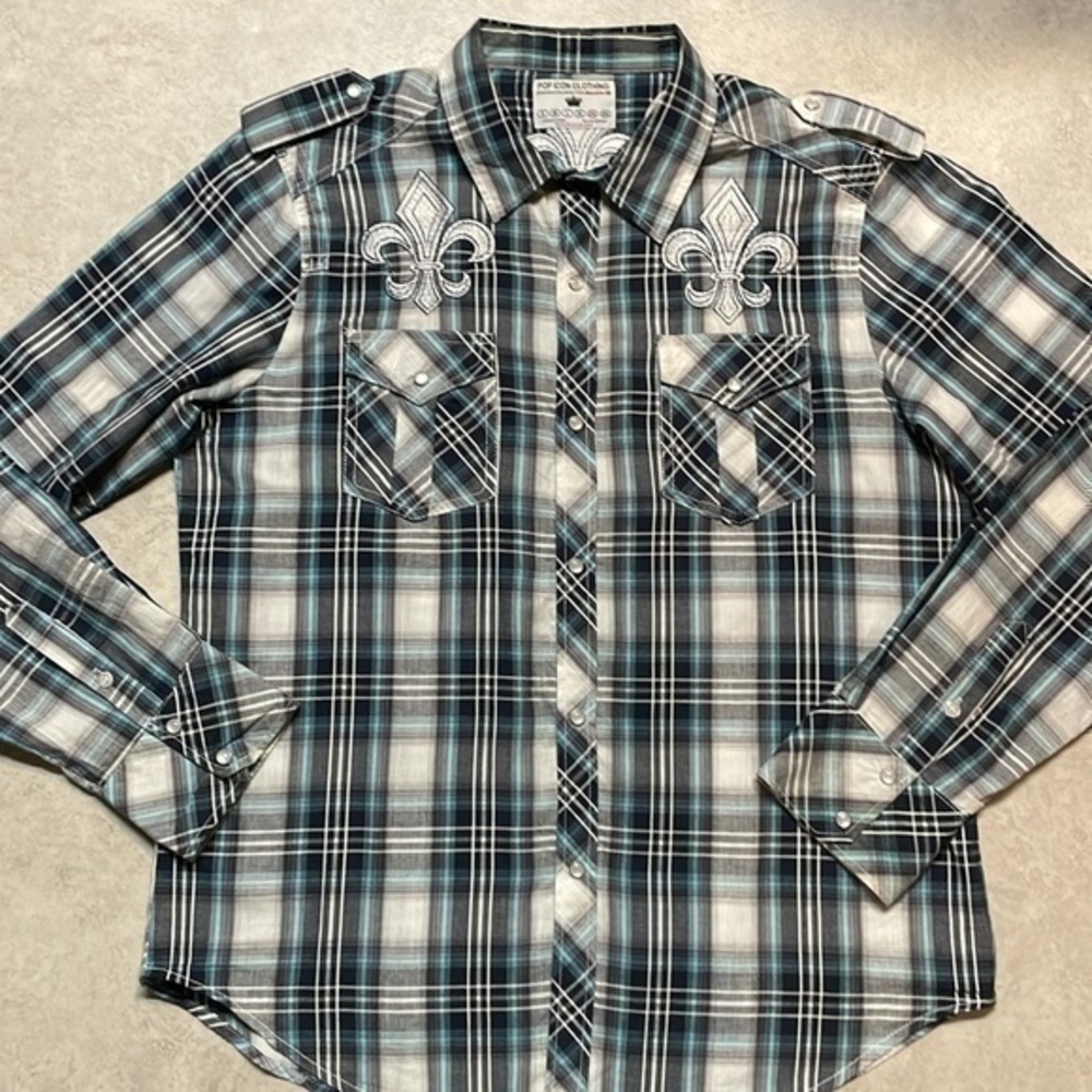 Pop Icon Clothing Western Snap Shirt 2XL Blue Plaid Embroidered Cowboy Mens